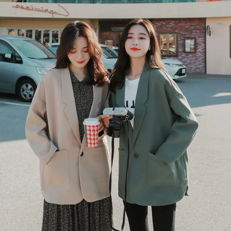 

20192019 Korean-style Elegant Ol Khaki Mid-length Loose-Fit One-Button Best Friend Small Suit Coat Women's Spring