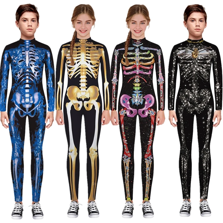 

Skeleton Kids Scary Costume Boy Zombie Devil Halloween Cosplay Girl Jumpsuit Zombie Carnival Party Spooky Fancy Day of The Dead