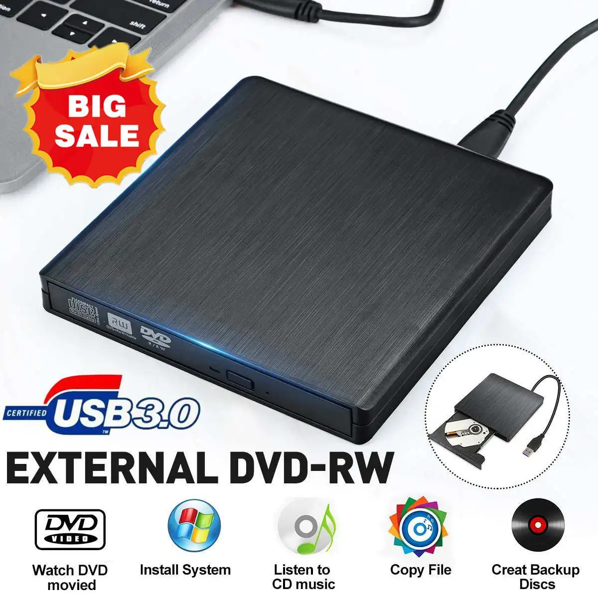 

High Speed External USB 3.0 Flat Brushed external DVD RW Burner CD Writer Slim Portable Optical Drive for Laptop PC HP