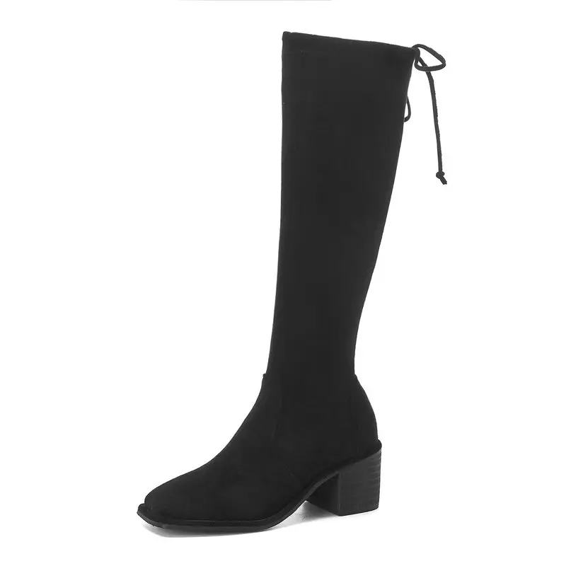

suede Leather Knee High Boots Woman high Heels Black Western Boots square Toe 2019 Autumn Winter Botas Women Shoes