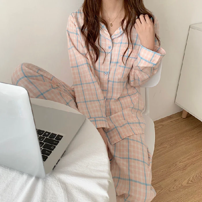 Ladies spring and autumn style net red printed plaid pajamas set lapel long-sleeved trousers 2-piece home service casual pajamas satin pajamas Pajama Sets