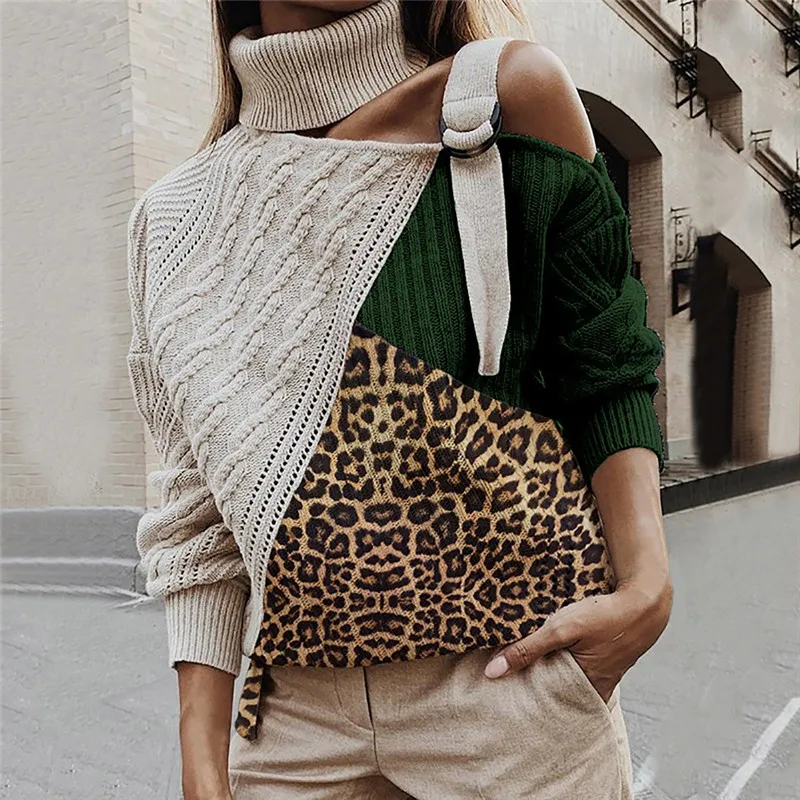 Леопардовый лоскутный свитер с высоким воротом, женский сексуальный цветной вязаный свитер с открытыми плечами и рукавами летучая мышь, пуловер с длинным рукавом, топы - Цвет: Green Leopard