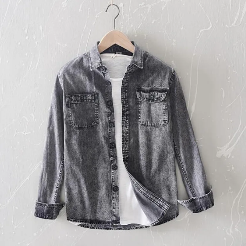 

New men casual Denim shirt Pure cotton solid long sleeve tops man High quality blue grey shirt chemise homme plus size