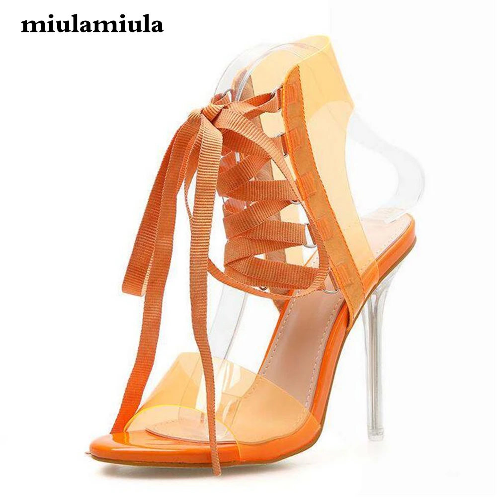 

Miulamiula Women Sandals High Heel Banquet Shoes PVC Transparent Shoes Cross Ribbon Style Cute Sweetheart Woman Shoes