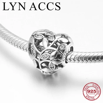 

Authentic 925 Sterling Silver Bead Fit Original European Charms Bracelet Openwork CZ leaves Heart Beads DIY Jewelry making