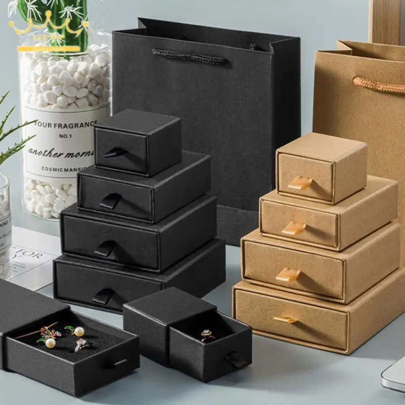 

Drawer Type Jewelry Packaging Gift Box Kraft Paper Black Ring Earring Storage Box Necklace Pendant Display Box