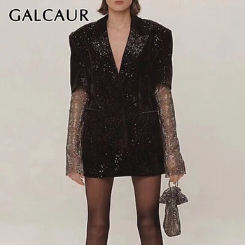 

GALCAUR Velvet Blazer Women Patchwork Diamond Long Sleeve Coat Tops Female Fashion Clothes Korean Large Size 2020 Winter