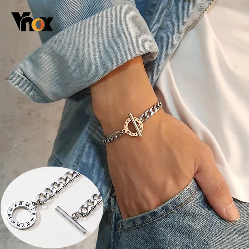 Vnox Men's Stylish Cuban Chain Bracelets with Roman Numerals Stainless