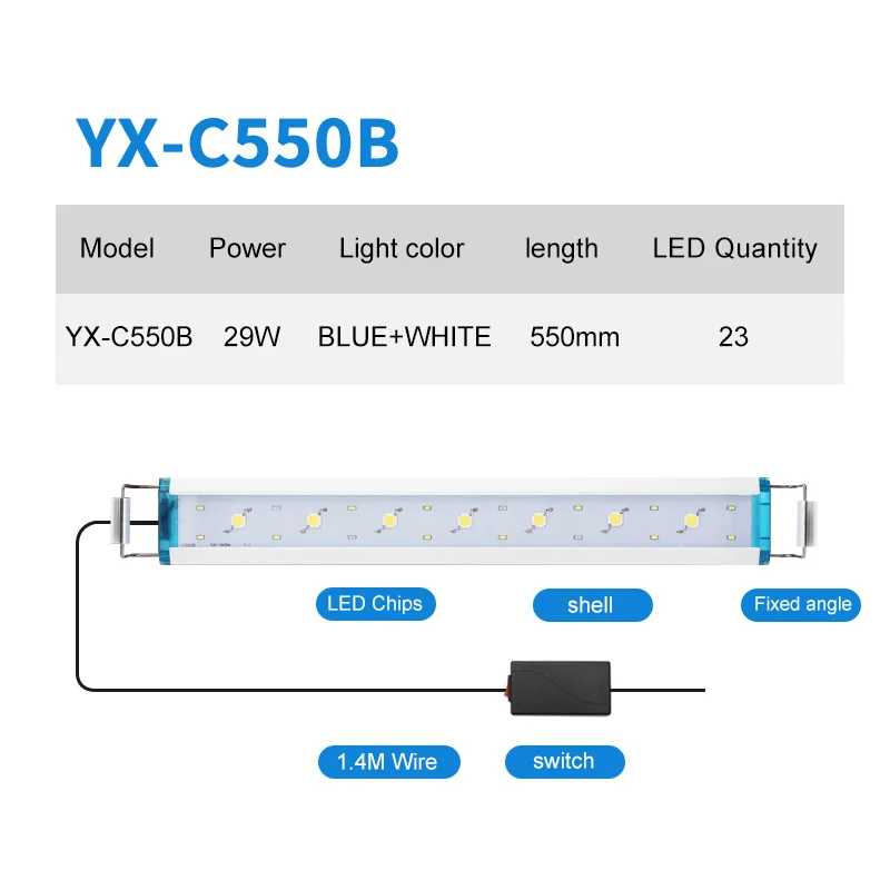 Супер яркое освещение для аквариума, освещение для выращивания растений, светодиодное освещение для аквариума 21-70 см, расширяемая лампа с зажимом для аквариума - Цвет: YX-C550B