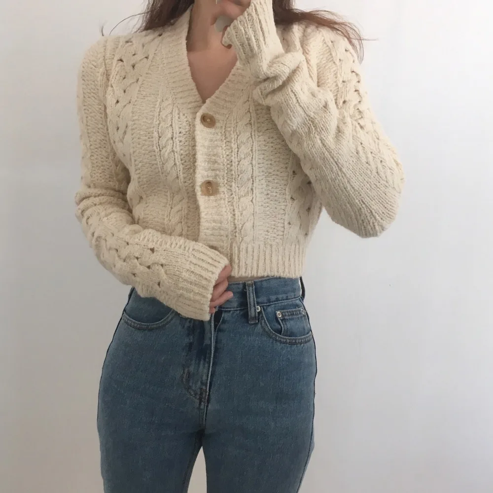 HziriP Vintage All-Match V-Neck Sexy Cardigans Twisted Hollow Out Fashion Slim Loose Knitted Women Casual Tops Short Sweaters