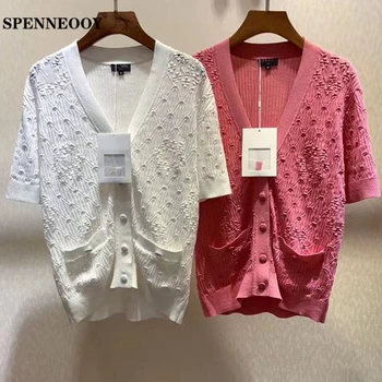

SPENNEOOY Designer Custom Runway Female Summer Solid Deep V Neck Knitting Cardigans Women Striped Knit Streetwear Chic Sweater