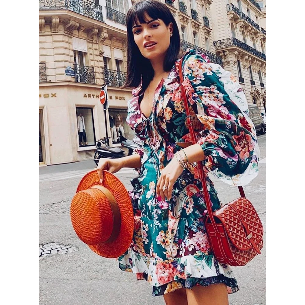 

Pleated stitching printed linen mini dress openwork waist sexy V-neck 2019 Bohemia dress