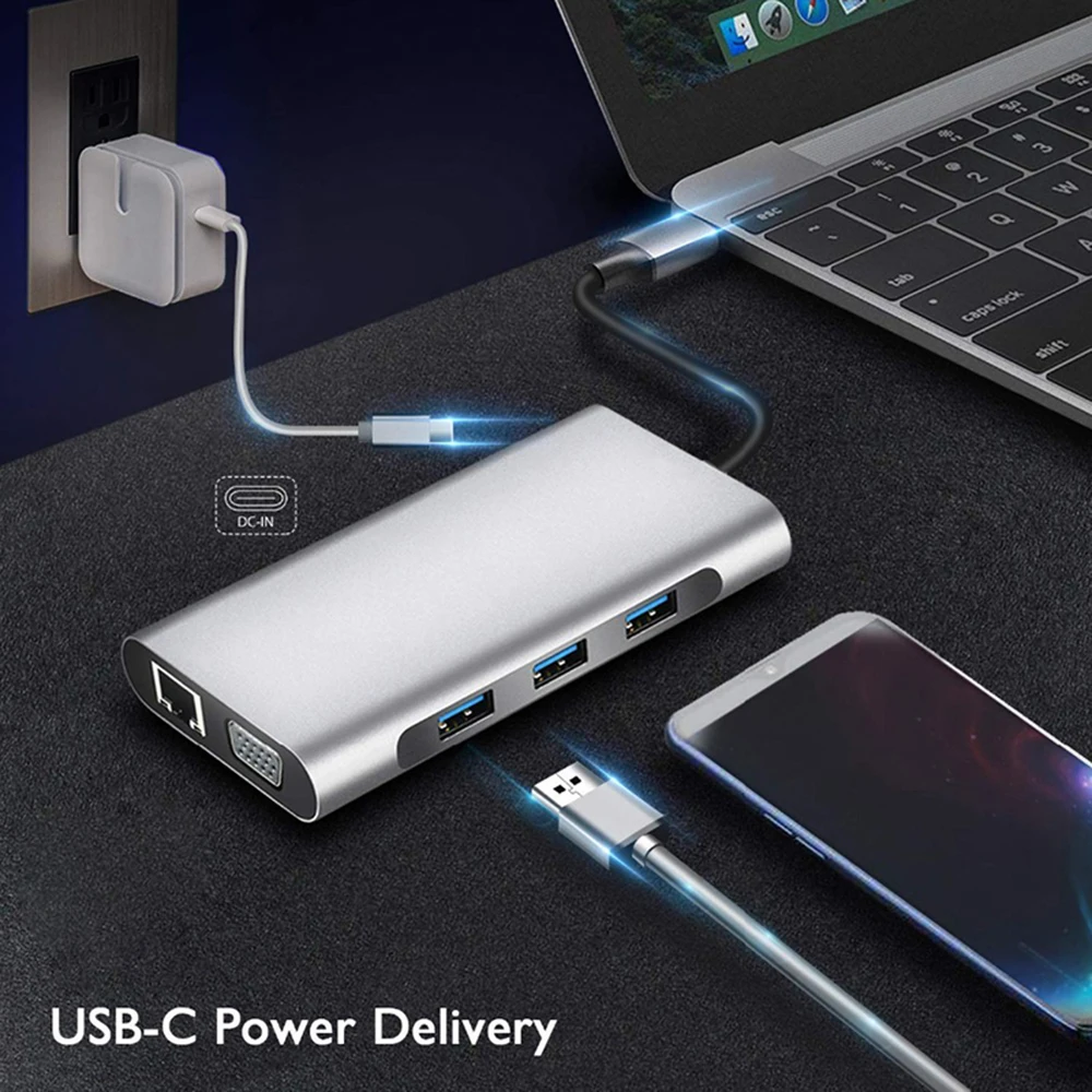 USB C концентратор к HDMI док-станция 10 в 1 Thunderbolt 3 type C адаптер USB 3,0 порт 4K HDMI 1080P VGA RJ45 Gigabit Ethernet для Macbook Pro