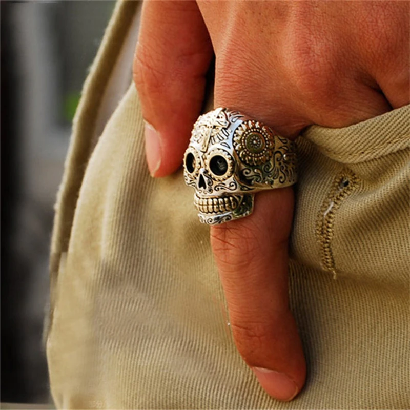 

Sterling Silver Sugar Skull Rings For Men 19g Solid Handcrafted Silver 925 Chunky Mens Biker Ring Gothic Wide Band Mens Jewelry