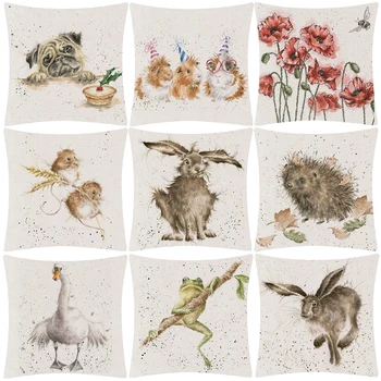 

Hedgehog Bunny Rabbit Duck Dog Cushion Covers Hand Painting Cute Animals Cushion Cover Linen Pillow Case No Fillings