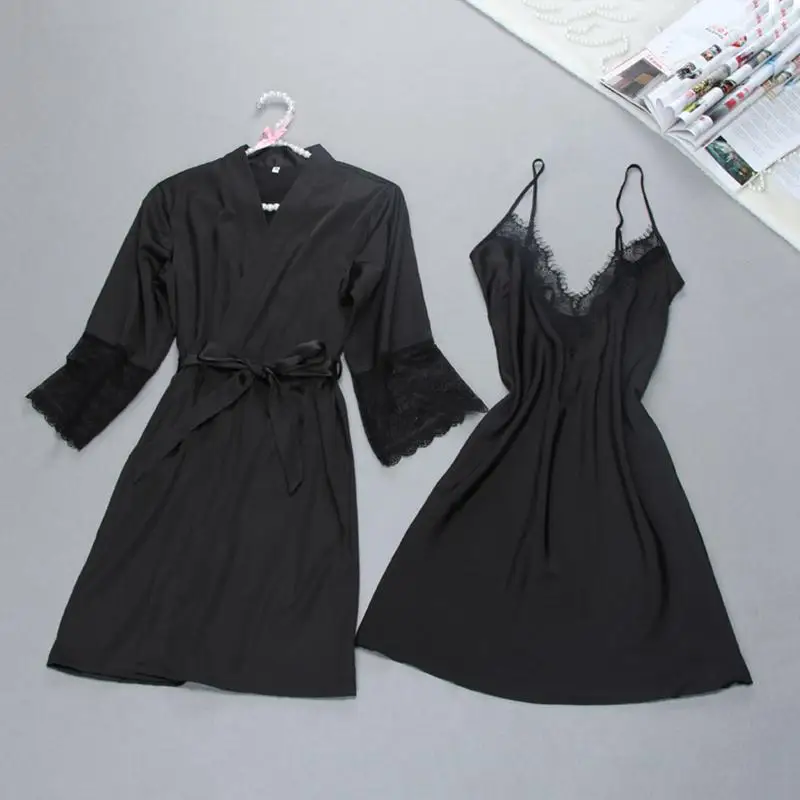 Сексуальные женские Кружево Satin Robe платье однотонные мягкие ночная рубашка кимоно халат пижамы свадебные туфли невесты Халаты - Цвет: Black Robe Set