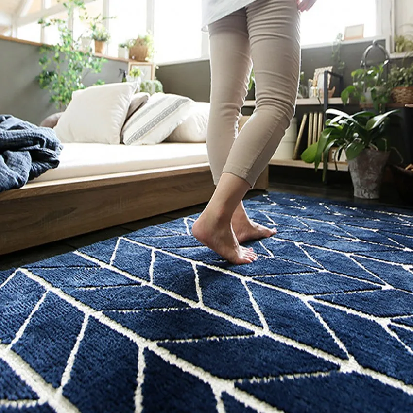 

INS Popular Navy blue geometric Arrow bedside carpet ,Nordic style herringbone area rug ,decoration Cross pattern floor mat