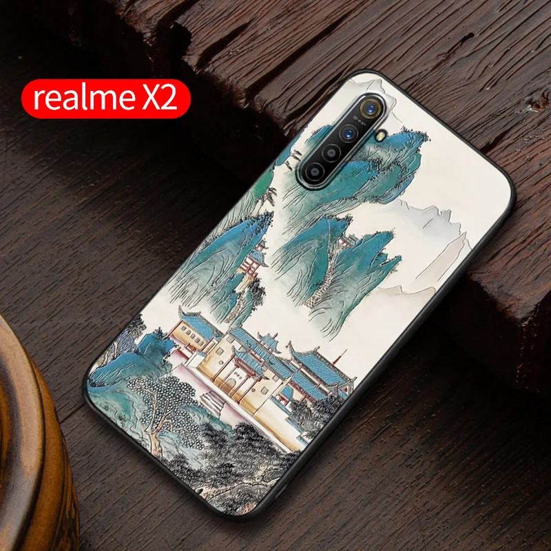 realmeX2 Embossed vintage East Asian Chinese Japanese style case For realme X2 X2 PRO Snow Mountain Decree Crane cover - Цвет: 2 X2