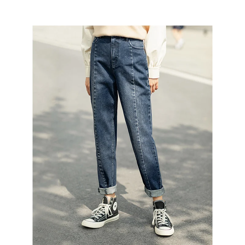 

INMAN Winter Deep Blue Split Loose Slim Daddy Style Women Jeans