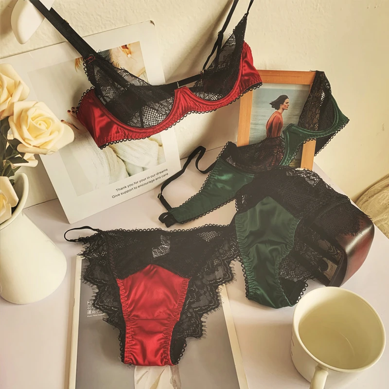 Sexy lingerie panty set with steel ring half cup gathered garter panties three-piece large size bralette satin retro  bra set plus size underwear sets