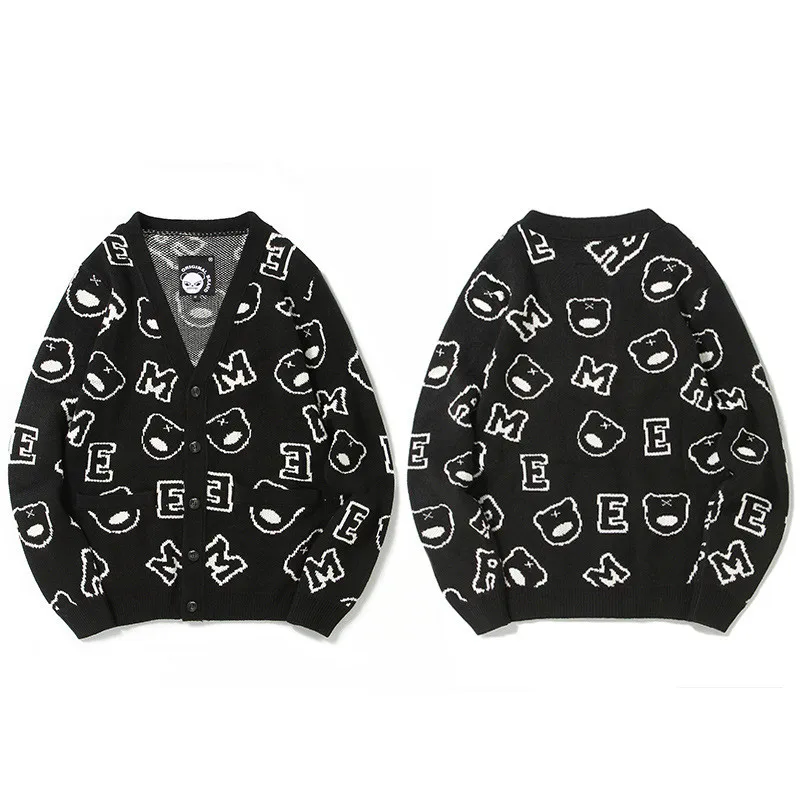 Autumn Dong Style Panda Jacquard Knit Shirt Influx Men V-neck Cardigan Sweater Tide Card Jacket Large Size Casual Sweater