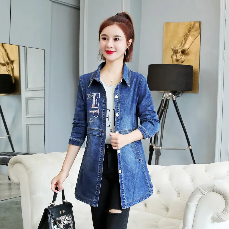 

Photo Shoot Slim Fit Jeans Coat Women's Mid-length 2019 Autumn Clothing New Style Cardigan Korean-style Embroidery Long-sleeved