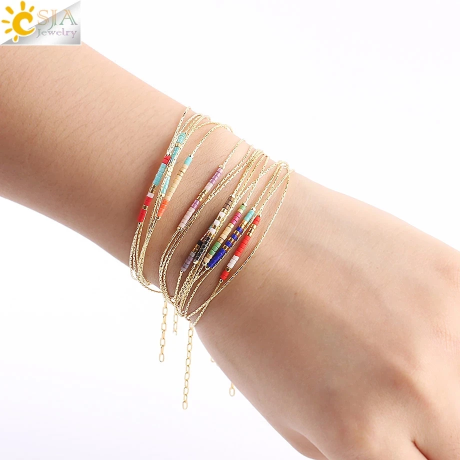 CSJA Bohemian Miyuki Bracelets for Women Beads Adjustable Bracelet 2-layer Cute Mini