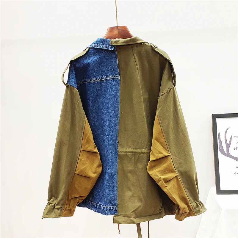 remarkable  [EWQ] 2020 Spring Autumn High Quality Lapel Long Sleeve Fake Two Piece Denim Patchwork Vintage Coat
