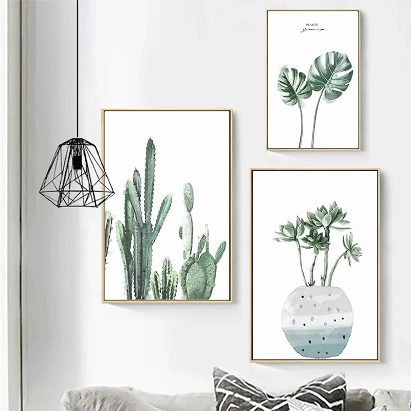 

Nordic Modern Green Natural Cactus Leaves Wall Art Posters and Prints Canvas Painting Wall Picture Home Decor