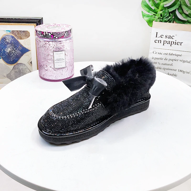 [DEAT] г.; бархатные туфли на плоской подошве с круглым носком, на меху, украшенные кристаллами и бантом; женская новая модная осенне-зимняя обувь; 10E920 - Цвет: Black