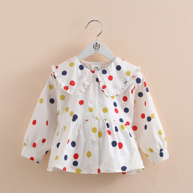 

2022 New Spring Autumn 2 3 4 6 8 10 Years Children Cotton White Flower Flare Sleeve Polka Dot Print Kids Baby Girls Blouse Shirt