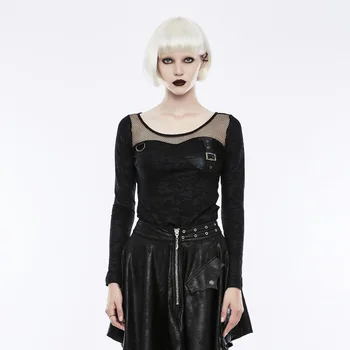 

PUNK RAVE Women's PUNK Printing T-shirt Knitted Pu Leather Personality Party Stage Performance Slim Fit Long Sleeve Tops