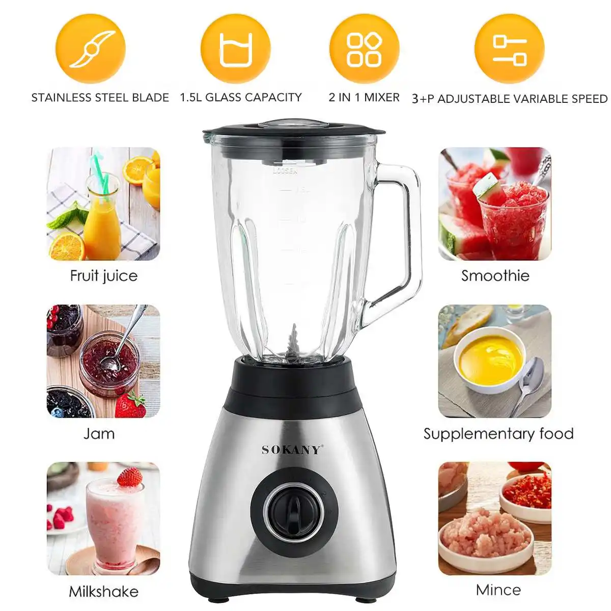 SOKANY 1500ML 2 In 1 High Power Household Blender Mixer Meat Vegetables Fruits Grinder Food Juice Processor Glass Jar