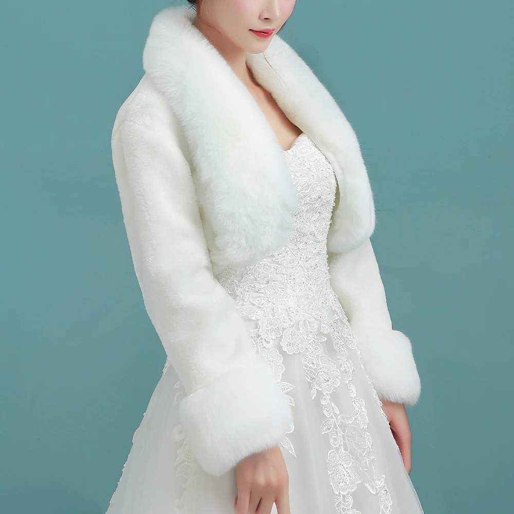Women Ivory Winter Warm Faux Fur Wedding Bridal Shrug Elegant Long Sleeve Accessory Cape Lapel Collar Shawl Bolero Coat wedding shawl