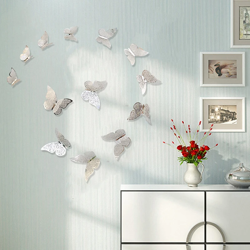 Günstig 12Pcs Schmetterling Dekorationen 3D Wand Decals Metallic Kunst Aufkleber DIY Handgemachte Widerstand Papier Wandmalereien Geschenk Für Home Kids Schlafzimmer