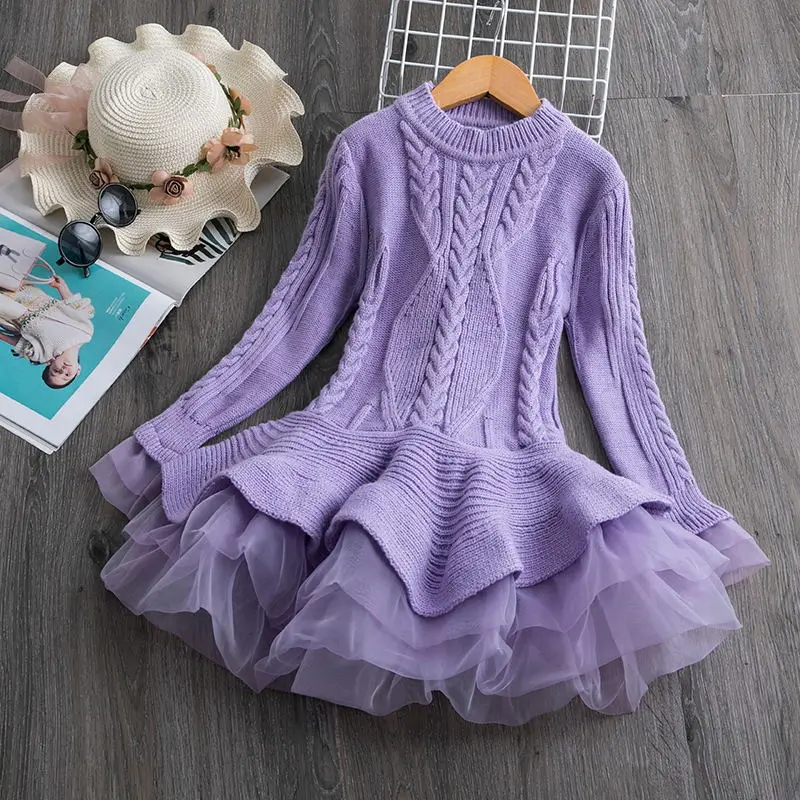 Осенне-зимнее платье для девочек; Модный вязаный свитер принцессы с длинными рукавами для девочек; платье-пачка; рождественские детские платья для девочек - Цвет: purple1
