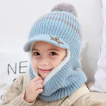 2021 Knit Short Plush Hooded Scarf Kids Hat And Scarf Child Winter Warm Protection Ear Cap Scarves Girls Boy winter hat for boys