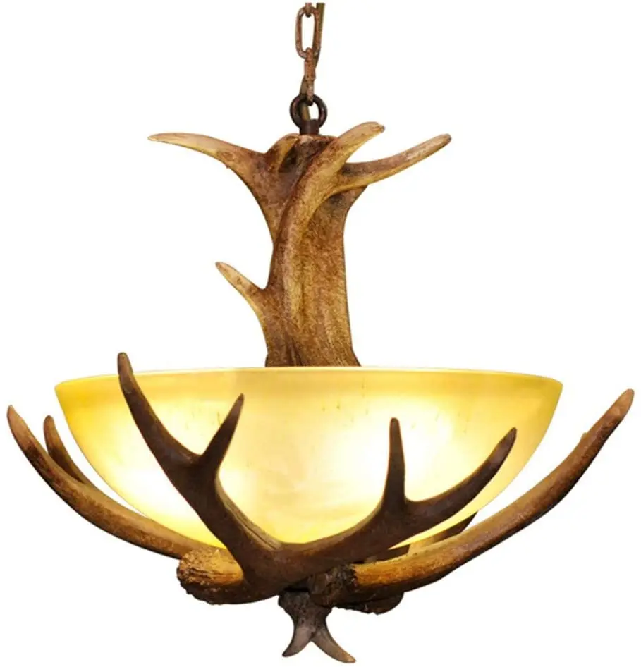 

Rustic Faux Resin Antler Chandelier, Frosted Glass Bowl Shade Deer Horn Ceiling Light Pendant Chandeliers for Bar,Cafe