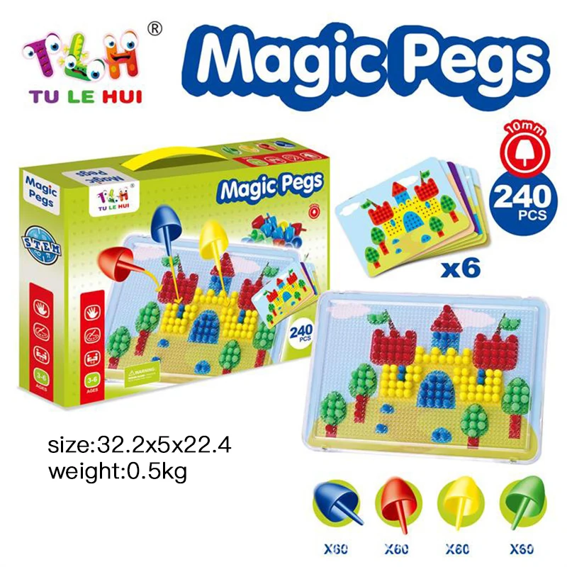 

Children's puzzle jigsaw puzzle Creative DIY4 color mushroom nail insert board puzzle toy 6 scene card combination