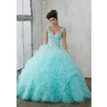 Бирюзовые Бальные платья бальное платье Элегантное Тюлевое платье с рюшами, украшенное бисером и кристаллами, недорогие милые платья 16