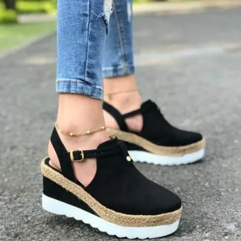 

Women Summer Sandals Fashion Buckle Strap Solid Fringe Cover Heel Flat Platform Heel Casual Ladies Plus Sandals Women's Shoes