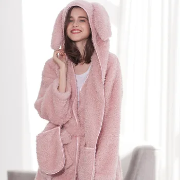 

Coral Fleece Robe Nightgown Women Sleepwear Loose Kimono Bath Gown Winter Rabbit Ear Bathrobe Thicken Flannel Intimate Lingerie