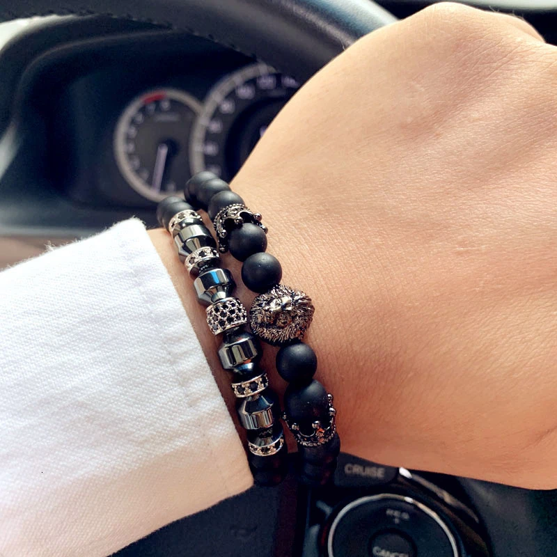Мужской браслет в стиле панк черный с круглыми камнями и бусинами 2020|Браслеты