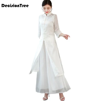 

2020 ao dai set asian clothes folk style wide leg pants suit vietnam chiffon aodai graceful stand collar long cheongsam