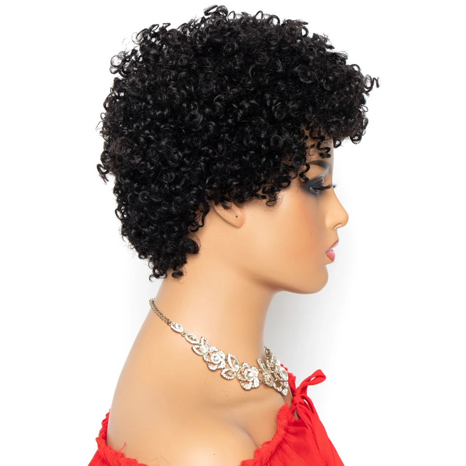 Short Kinky Curly Wig Brazilian Remy Human Hair Wigs Full Machine Made Wig 130% Density For Women Natural Color Yepei Hair