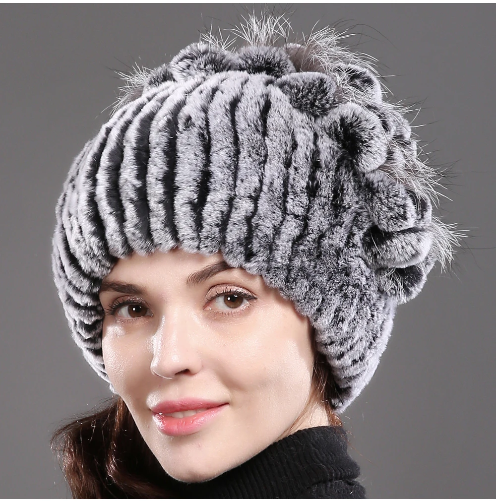 Стиль женский Настоящий мех кролика Skullies шапки Роскошные вязаные цветы натуральная шапка из меха кролика рекс зимние натуральный мех шапочки