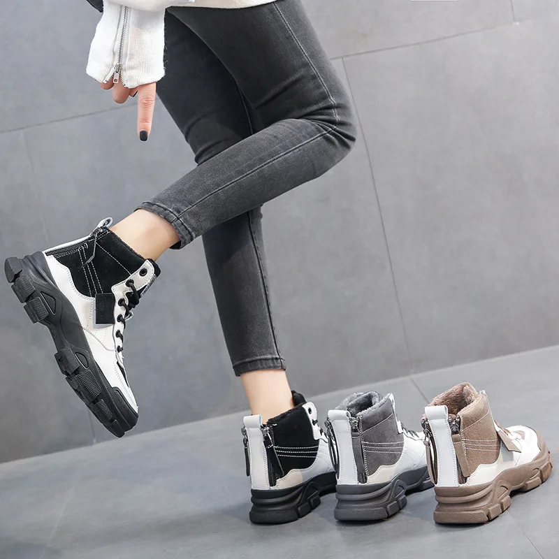 

Dad Shoes Women's plus Velvet Winter 2019 New Style Online Celebrity Sports Footwear Mixed Colors Versatile Zipper High Cotton-p