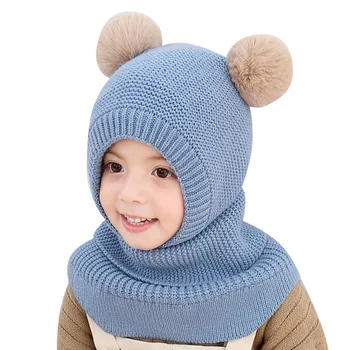 

Winter 2 In 1 Knit Beanie Hat Scarf Warm Ski Cap With Ear Design Pom Windproof Mask For Kids c