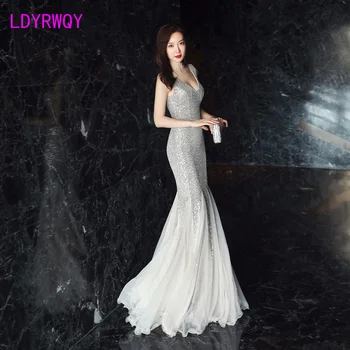 

2019 new party long fishtail sequin sexy dress Zippers Floor-Length Regular V-Neck Solid Sleeveless Sheath