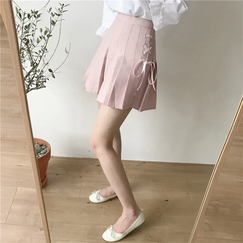 Розовый Harajuku Летняя женская мини юбка с высокой талией белый черный розовый женский Saia бандаж Элегантный Дизайн Kawaii плиссированные милые женские юбки - Цвет: Розовый